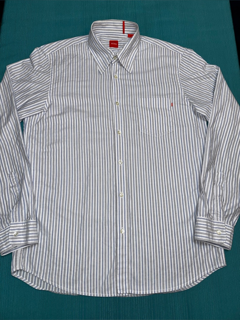 BOSS Hugo Boss Men’s Striped Dress Shirt White Blue Gray Pocket, L
